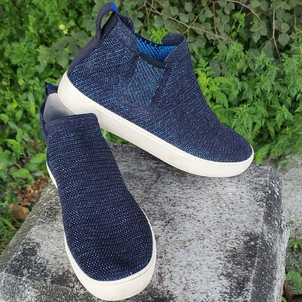 Rothy's Mid Top Stitched Metallic Blue Knit Chelsea Sneakers Size 9
